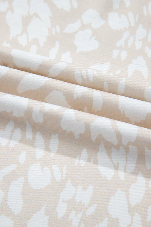 Khaki Leopard Print V Neck Side Slit Loose Fit T Shirt