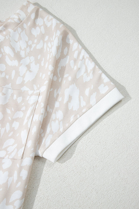 Khaki Leopard Print V Neck Side Slit Loose Fit T Shirt