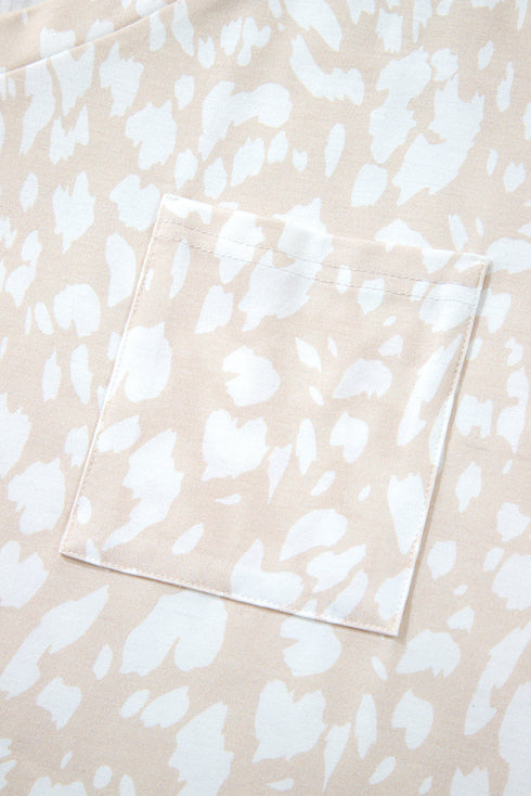 Khaki Leopard Print V Neck Side Slit Loose Fit T Shirt