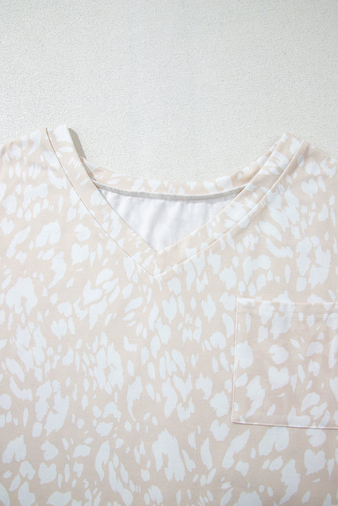 Khaki Leopard Print V Neck Side Slit Loose Fit T Shirt