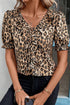 Khaki Leopard Ruffled Neck Cascading Puff Short Sleeve Top