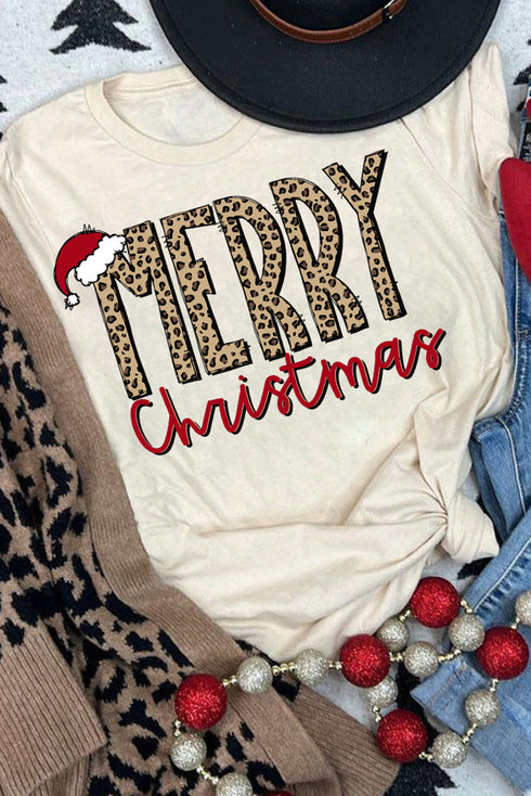 Khaki Merry Christmas Hat Print Crew Neck Graphic Tee