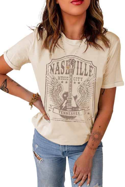 Khaki Nashville Letter Guitar Graphic Print Short Sleeve T Shirt