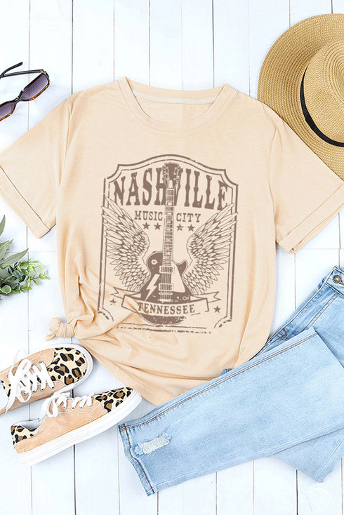 Khaki Nashville Letter Guitar Graphic Print Short Sleeve T Shirt