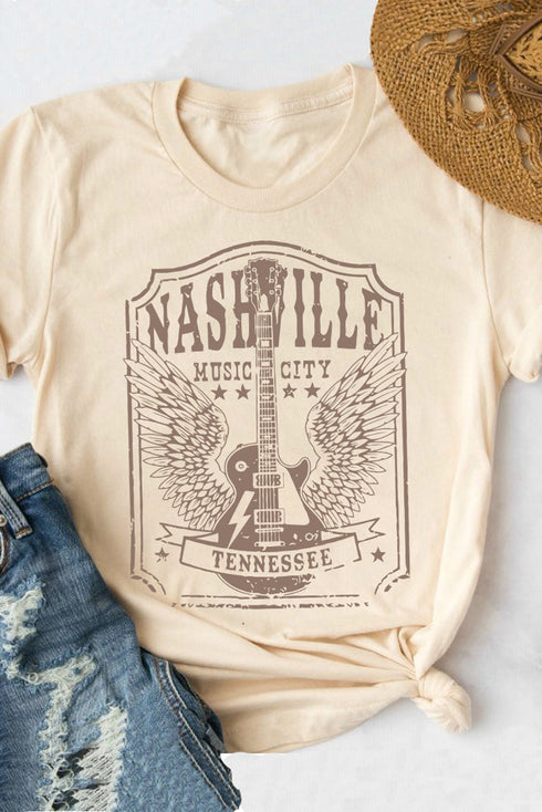 Khaki Nashville Letter Guitar Graphic Print Short Sleeve T Shirt