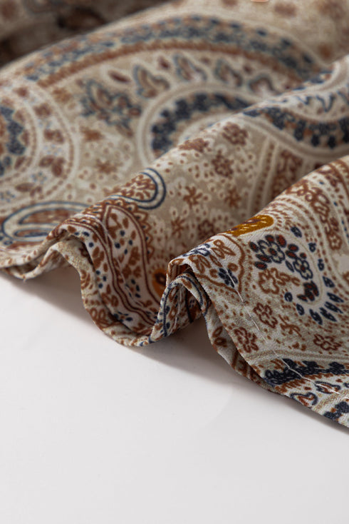 Khaki Paisley Printed Spaghetti Strap V Neck Smocked Babydoll Tank Top