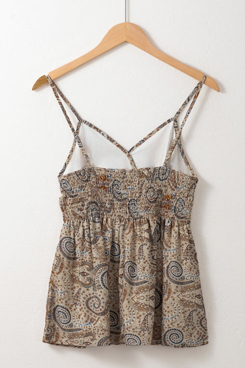 Khaki Paisley Printed Spaghetti Strap V Neck Smocked Babydoll Tank Top
