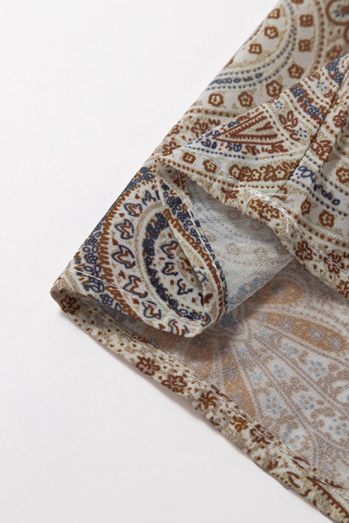 Khaki Paisley Printed Spaghetti Strap V Neck Smocked Babydoll Tank Top