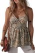 Khaki Paisley Printed Spaghetti Strap V Neck Smocked Babydoll Tank Top