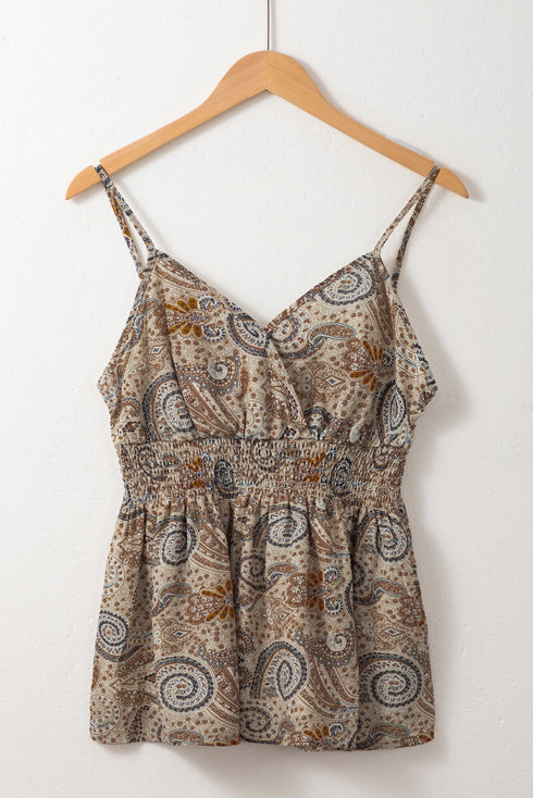 Khaki Paisley Printed Spaghetti Strap V Neck Smocked Babydoll Tank Top