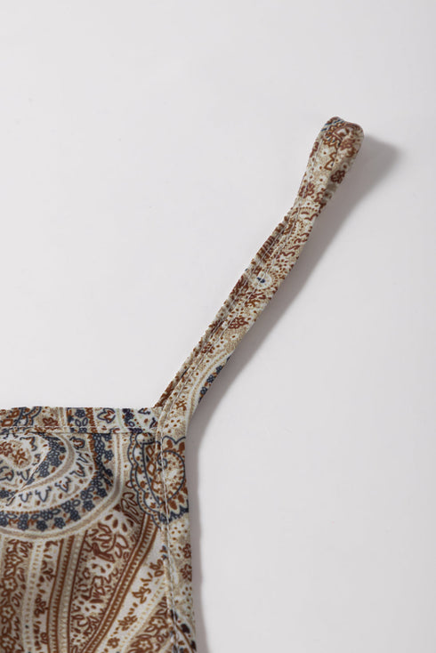 Khaki Paisley Printed Spaghetti Strap V Neck Smocked Babydoll Tank Top