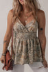 Khaki Paisley Printed Spaghetti Strap V Neck Smocked Babydoll Tank Top