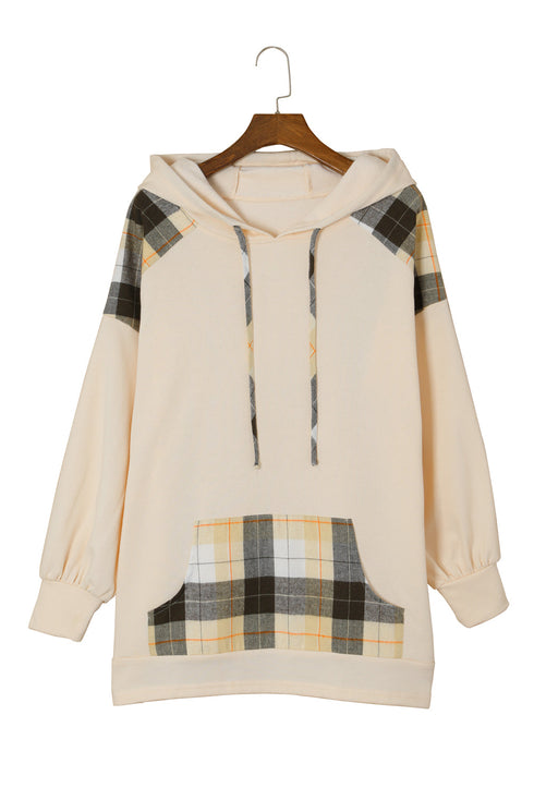 Khaki Plaid Patchwork Kangaroo Pocket Oversized Hoodie