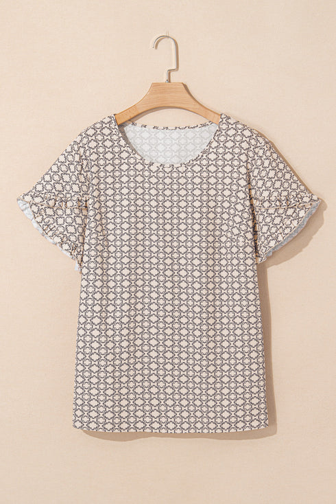 Khaki Plus Size Geometric Print Ruffled Sleeve Blouse