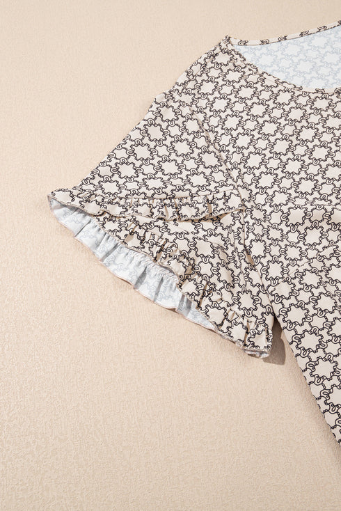 Khaki Plus Size Geometric Print Ruffled Sleeve Blouse