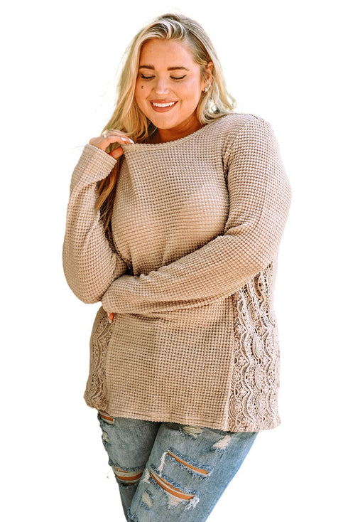 Khaki Plus Size Lace Waffle Knit Top