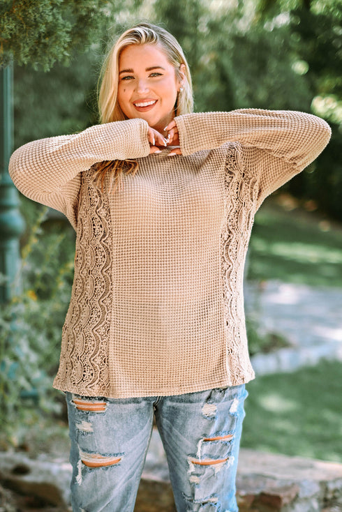 Khaki Plus Size Lace Waffle Knit Top
