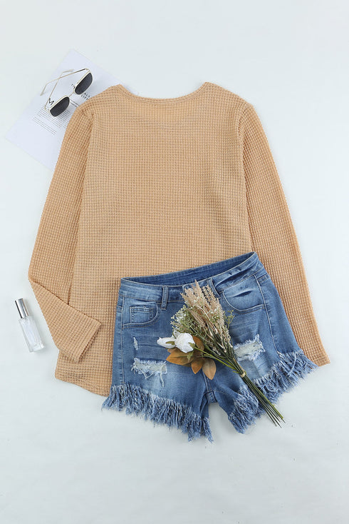 Khaki Plus Size Lace Waffle Knit Top