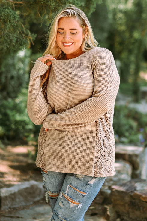 Khaki Plus Size Lace Waffle Knit Top