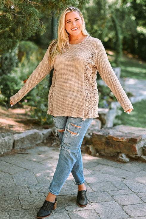 Khaki Plus Size Lace Waffle Knit Top