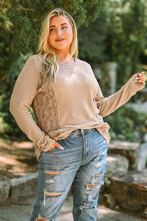 Khaki Plus Size Lace Waffle Knit Top