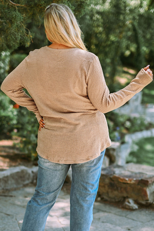 Khaki Plus Size Lace Waffle Knit Top