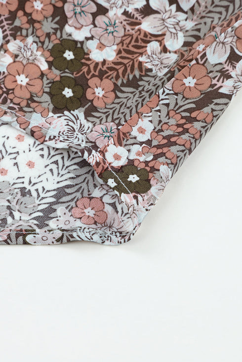 Khaki Plus Size Printed Long Sleeve Drawstring V Neck Blouse