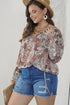 Khaki Plus Size Printed Long Sleeve Drawstring V Neck Blouse