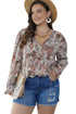 Khaki Plus Size Printed Long Sleeve Drawstring V Neck Blouse