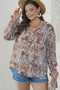 Khaki Plus Size Printed Long Sleeve Drawstring V Neck Blouse