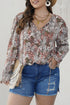 Khaki Plus Size Printed Long Sleeve Drawstring V Neck Blouse