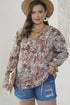 Khaki Plus Size Printed Long Sleeve Drawstring V Neck Blouse