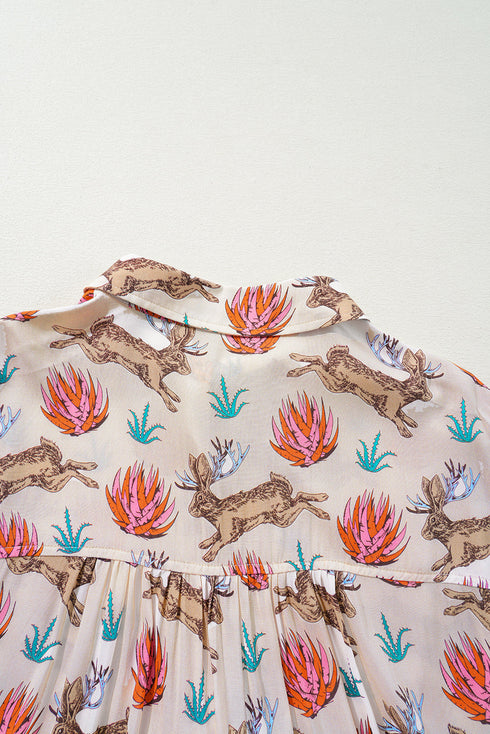 Khaki Plus Size Western Pattern Print Buttoned Short Sleeve Shirt