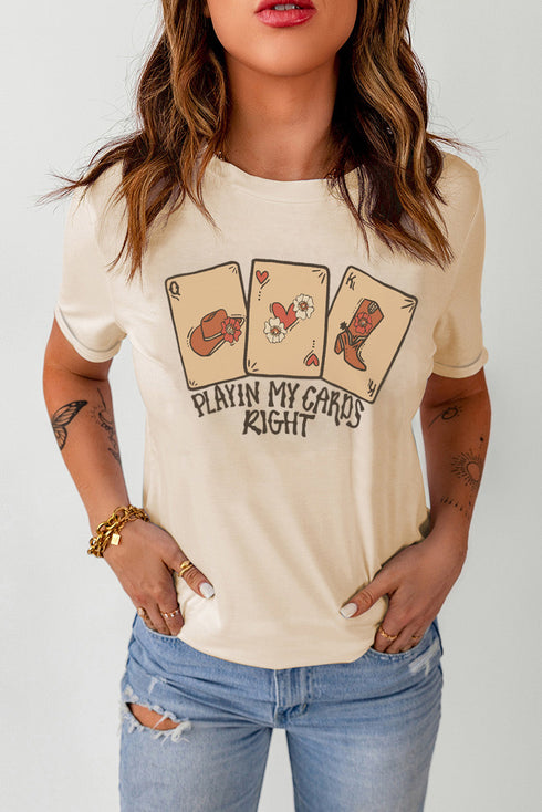 Khaki Poker Cards Letter Graphic Print Crew Neck T Shirt