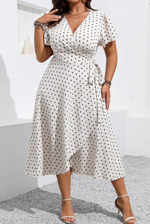 Khaki Polka Dot Surplice V Neck Tied Waist Flutter Sleeve Flowy Plus Size Midi Dress