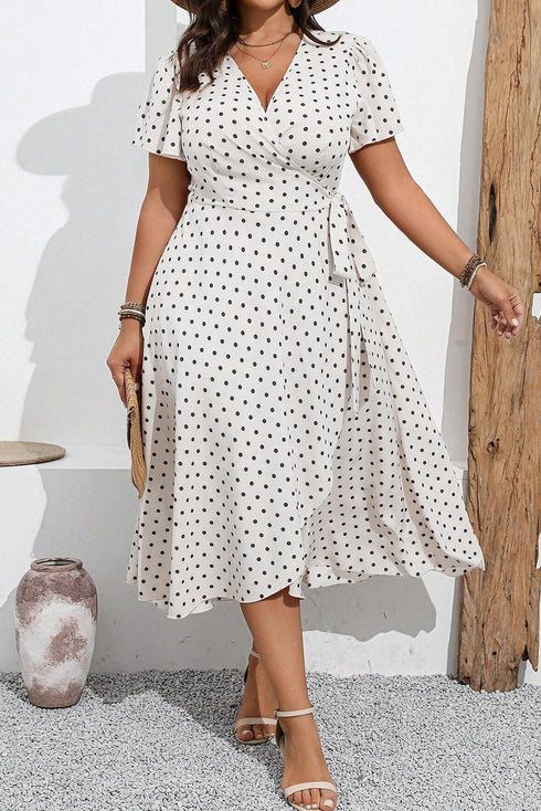 Khaki Polka Dot Surplice V Neck Tied Waist Flutter Sleeve Flowy Plus Size Midi Dress
