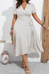 Khaki Polka Dot Surplice V Neck Tied Waist Flutter Sleeve Flowy Plus Size Midi Dress