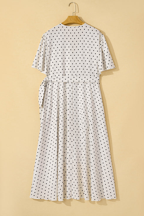 Khaki Polka Dot Surplice V Neck Tied Waist Flutter Sleeve Flowy Plus Size Midi Dress