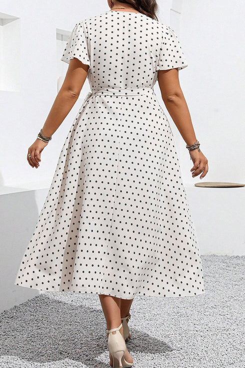 Khaki Polka Dot Surplice V Neck Tied Waist Flutter Sleeve Flowy Plus Size Midi Dress