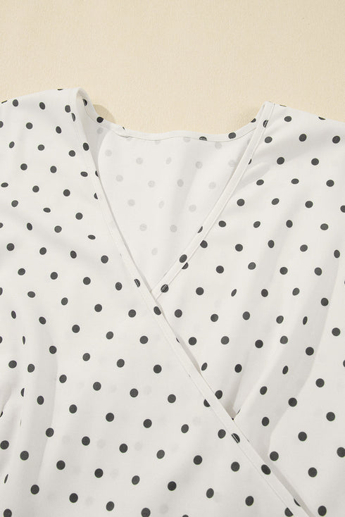 Khaki Polka Dot Surplice V Neck Tied Waist Flutter Sleeve Flowy Plus Size Midi Dress