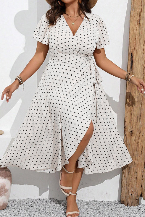 Khaki Polka Dot Surplice V Neck Tied Waist Flutter Sleeve Flowy Plus Size Midi Dress