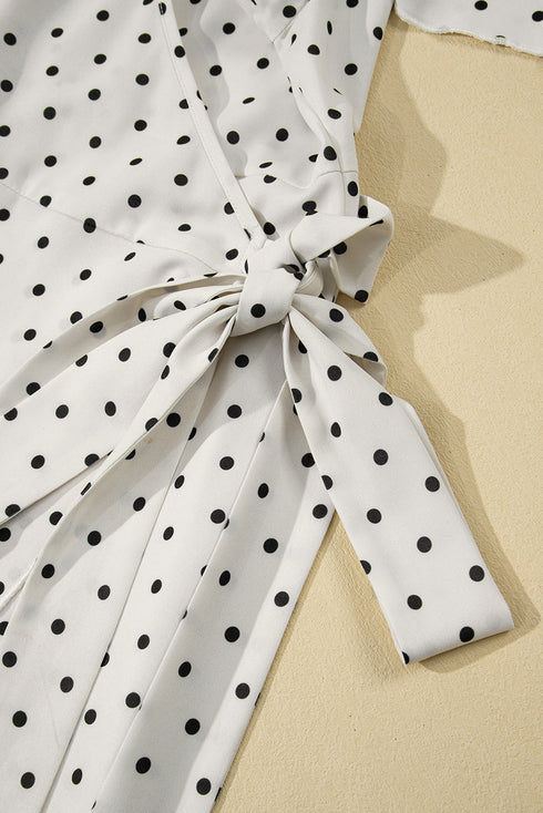 Khaki Polka Dot Surplice V Neck Tied Waist Flutter Sleeve Flowy Plus Size Midi Dress