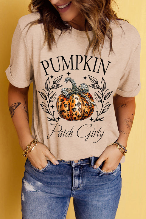 Khaki Pumpkin Patch Girly Leopard Bowknot Pumpkin Graphic T Shirt