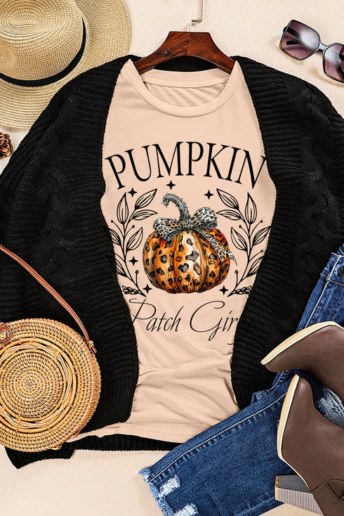 Khaki Pumpkin Patch Girly Leopard Bowknot Pumpkin Graphic T Shirt