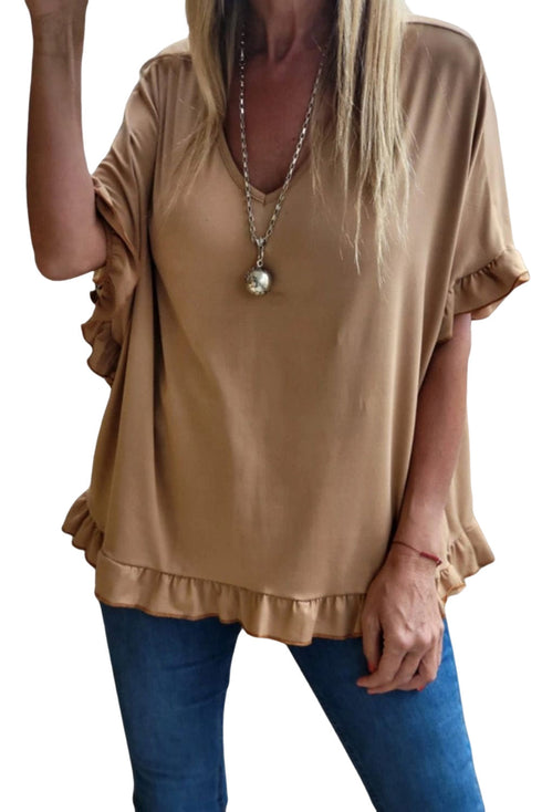 Khaki Ruffle Trim Short Sleeve Oversize Blouse
