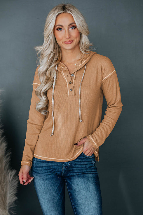 Khaki Seamed Drop Shoulder Waffle Knit Henley Hooded Top