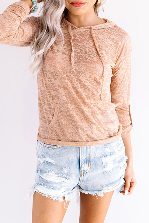 Khaki Solid Color Drawstring Hoodie With Kangaroo Pocket