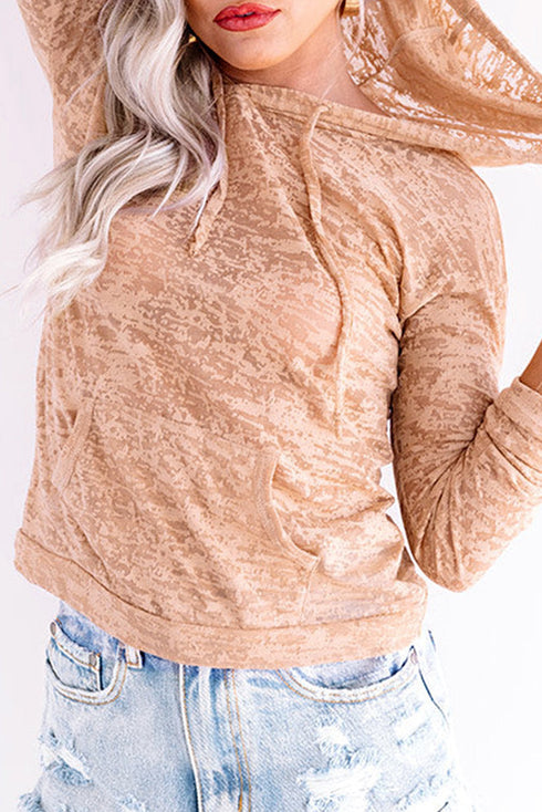 Khaki Solid Color Drawstring Hoodie With Kangaroo Pocket