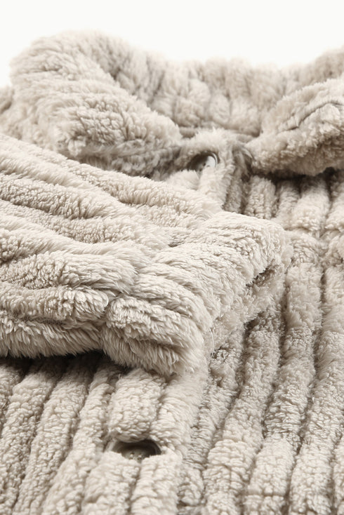 Khaki Solid Color Plush Fleece Button Up Jacket