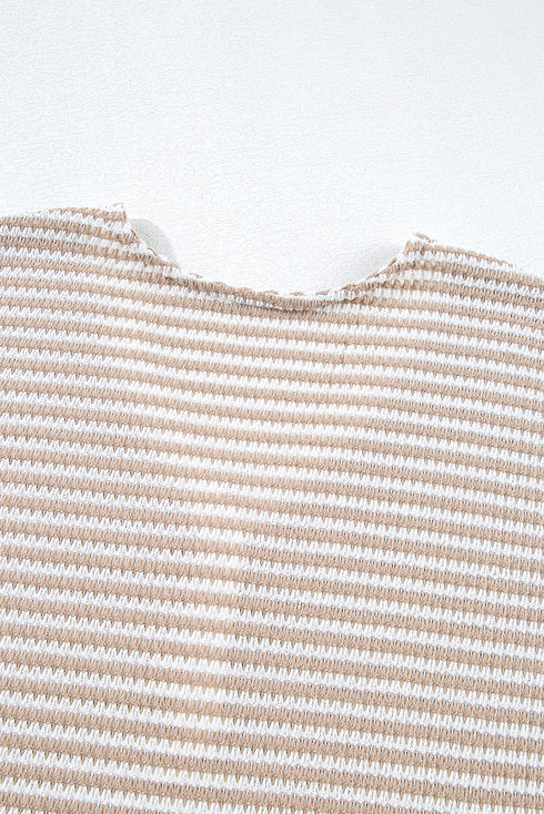 Khaki Stripe Buttoned Front V Neck Knitted T Shirt